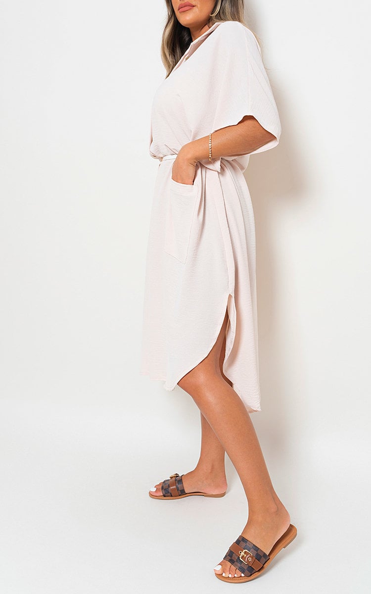 NANCY Button Down Collared Midi Dress with Two Front Pockets