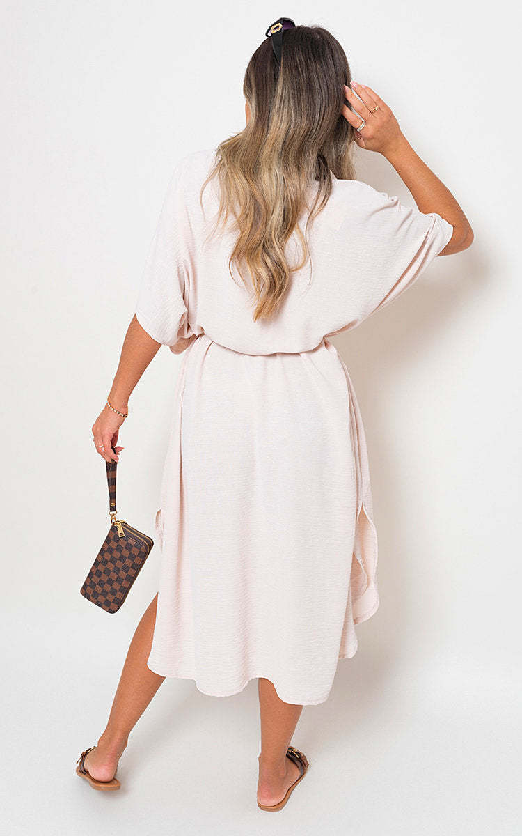 NANCY Button Down Collared Midi Dress with Two Front Pockets