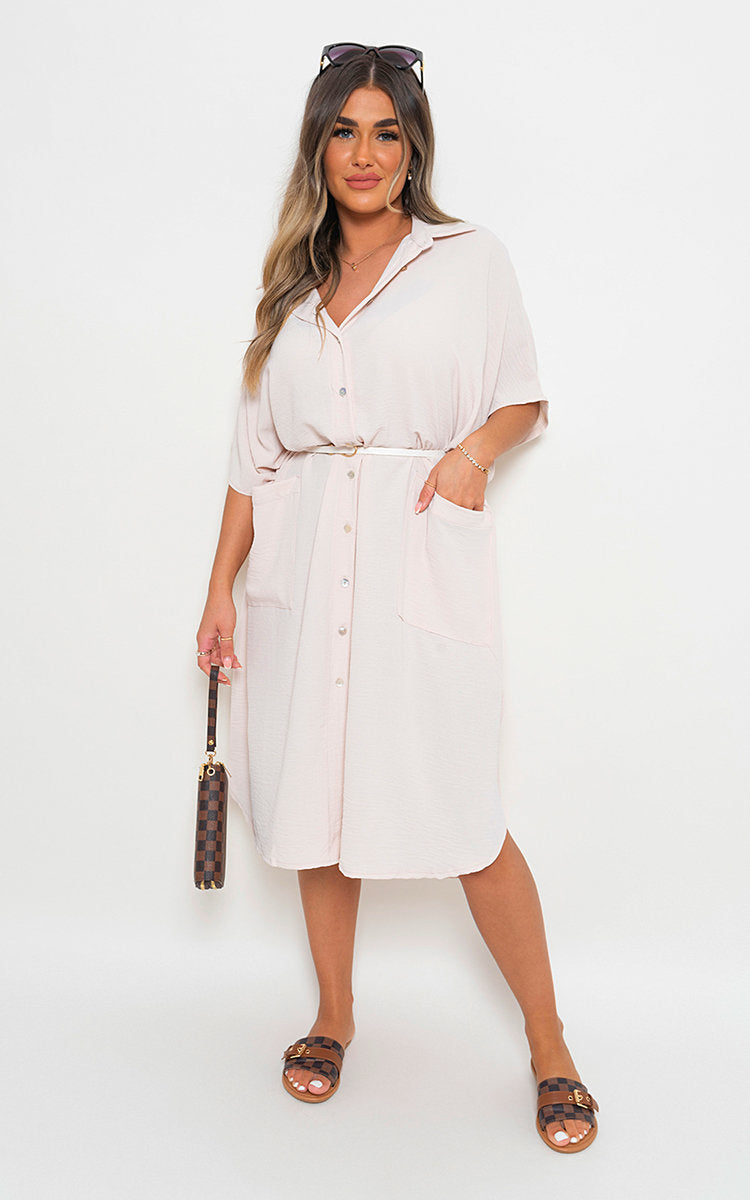 NANCY Button Down Collared Midi Dress with Two Front Pockets