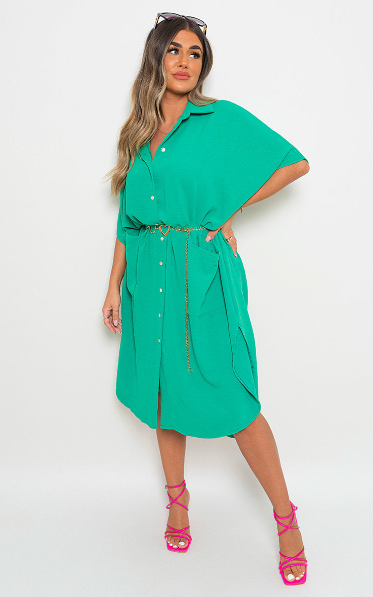 NANCY Button Down Collared Midi Dress with Two Front Pockets