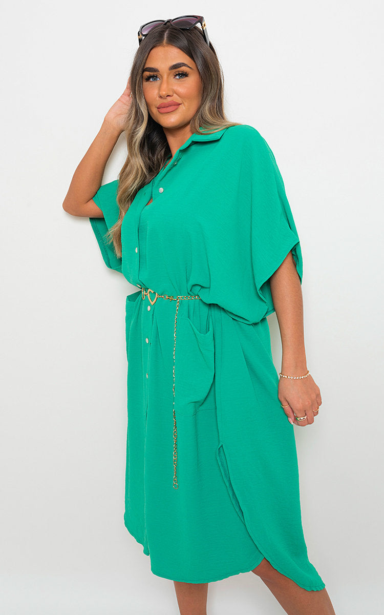 NANCY Button Down Collared Midi Dress with Two Front Pockets