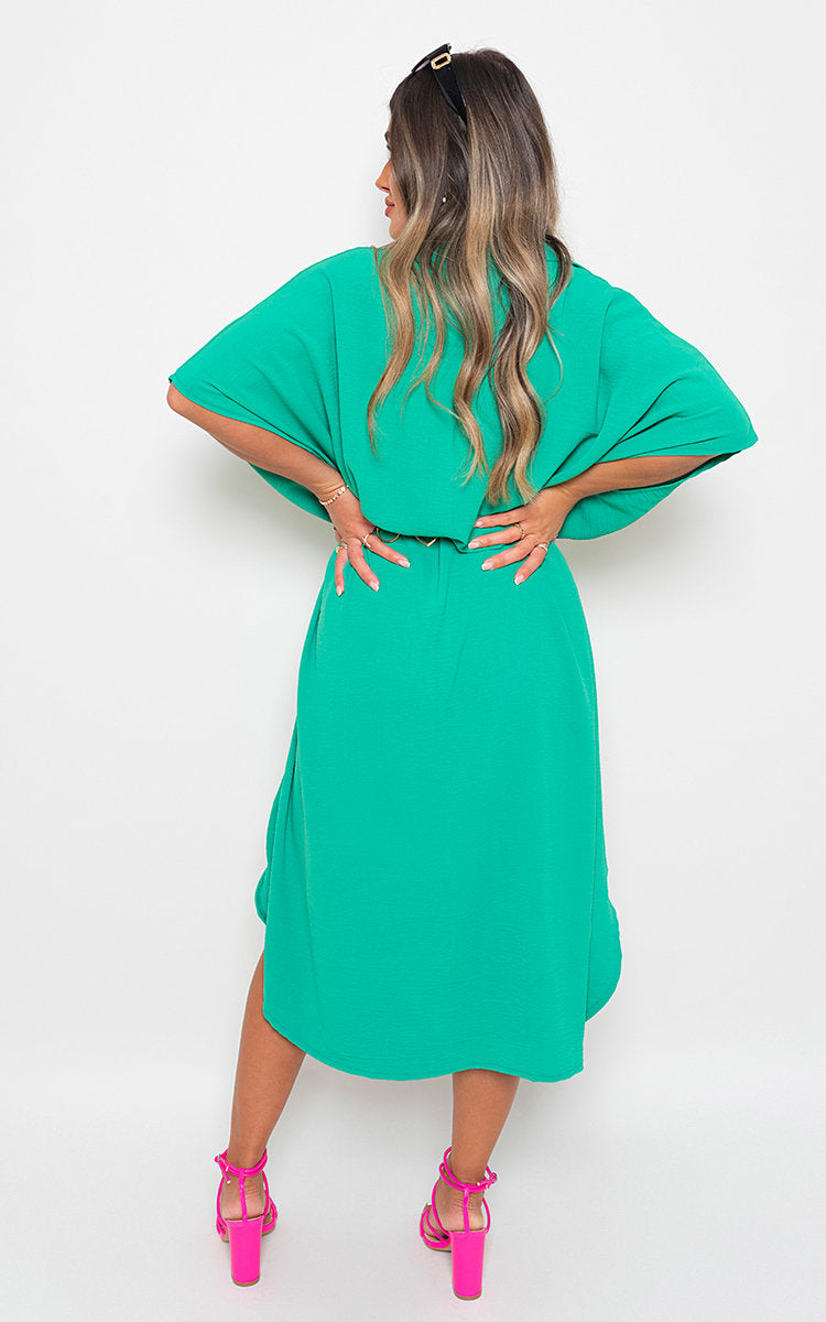 NANCY Button Down Collared Midi Dress with Two Front Pockets