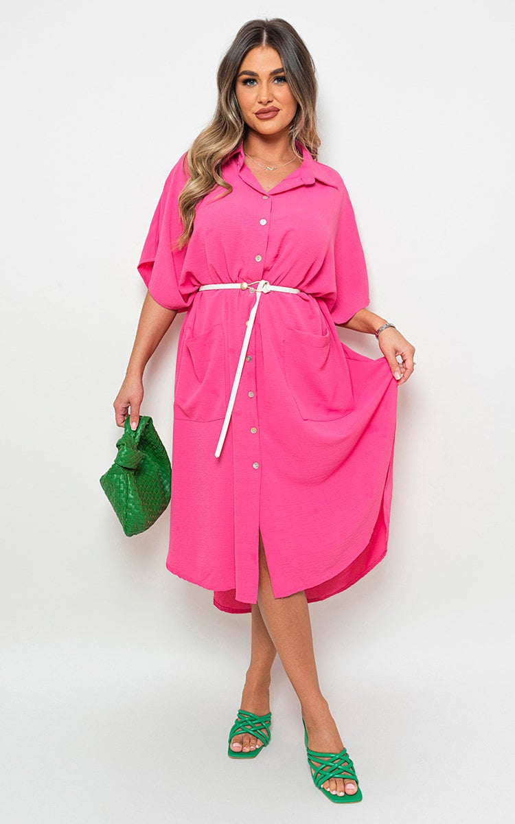 NANCY Button Down Collared Midi Dress with Two Front Pockets