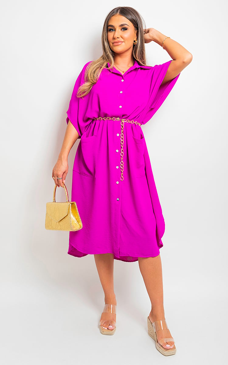 NANCY Button Down Collared Midi Dress with Two Front Pockets