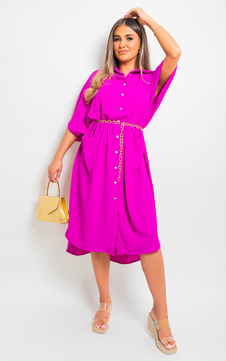 NANCY Button Down Collared Midi Dress with Two Front Pockets