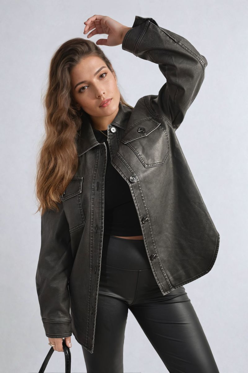 NANCY Button Front Pocket Detail Faux Leather Jacket