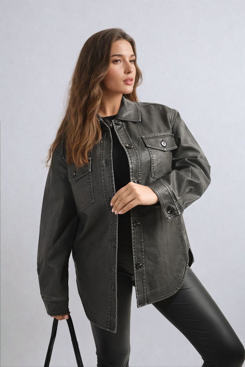 NANCY Button Front Pocket Detail Faux Leather Jacket