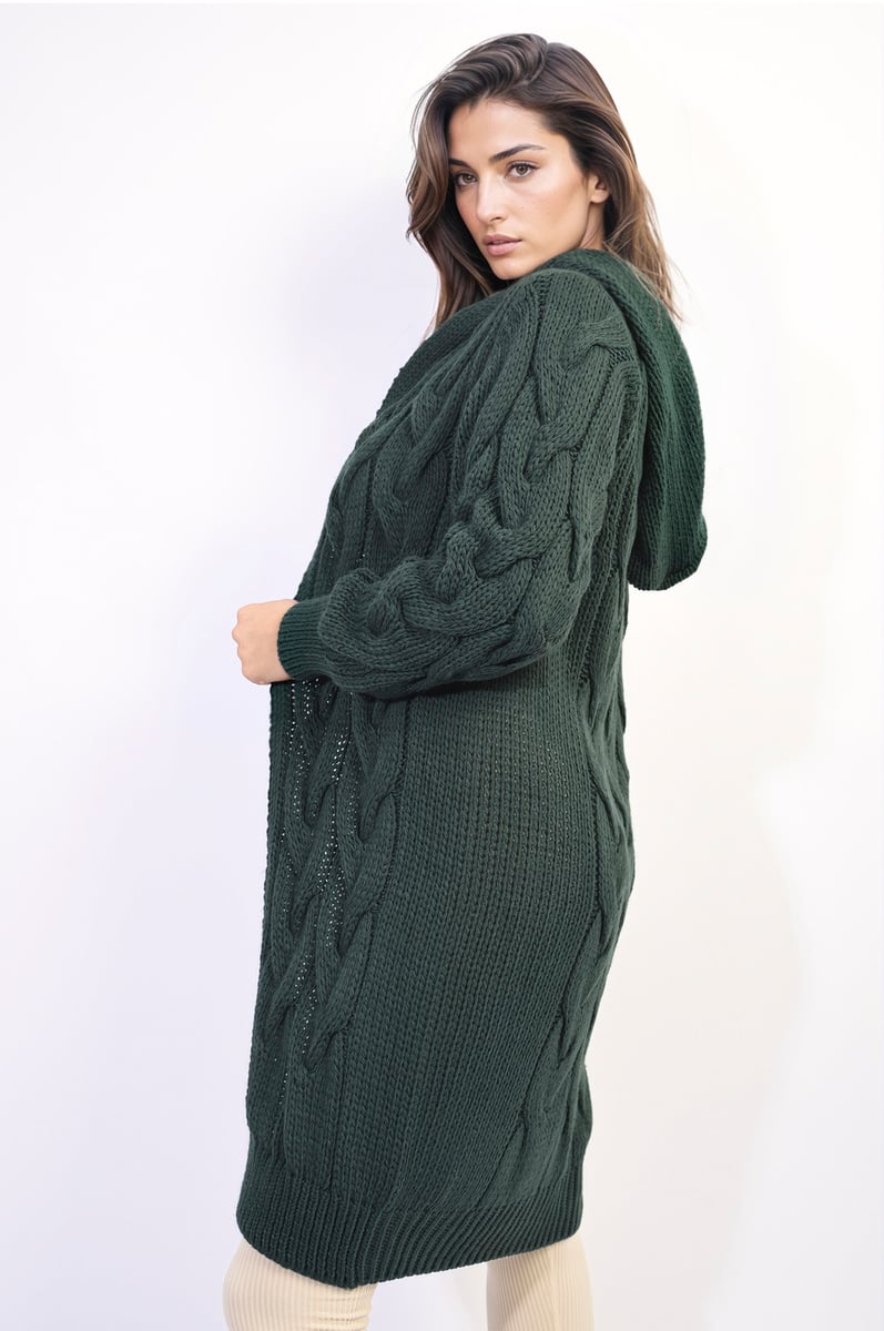 ZOE Chunky Cable Knitted Oversized Longline Hooded Cardigan