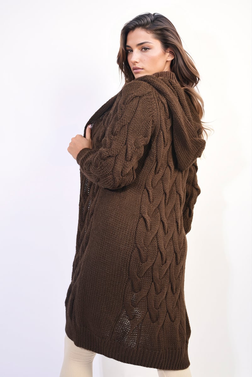 ZOE Chunky Cable Knitted Oversized Longline Hooded Cardigan