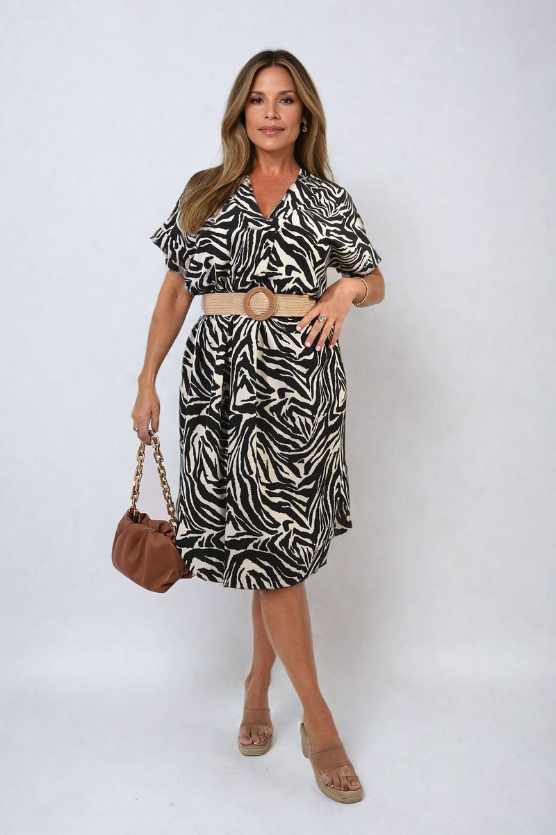 OLIVIA Zebra Print Belted Midi Dress