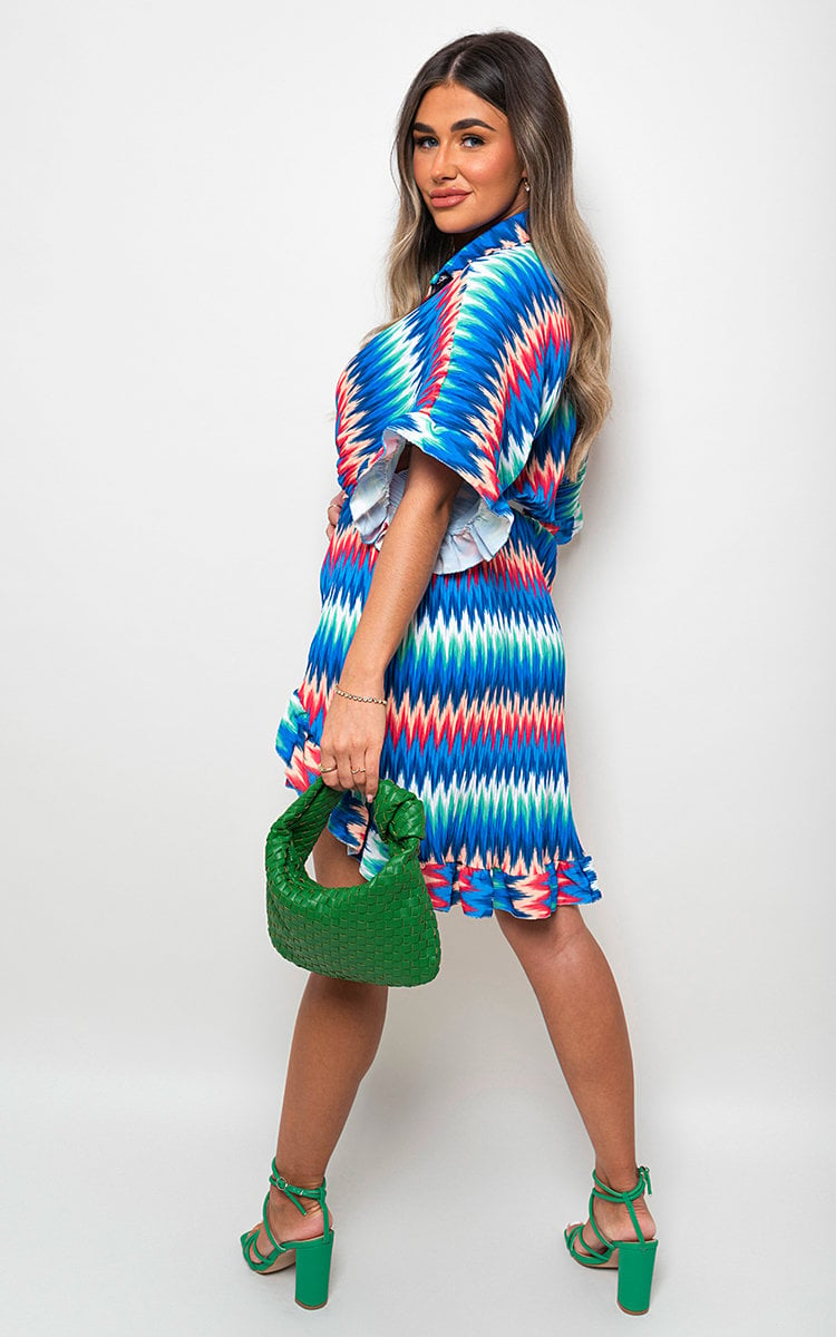 OPHELIA Zigzag Print Pleated Button Up Shirt Dress