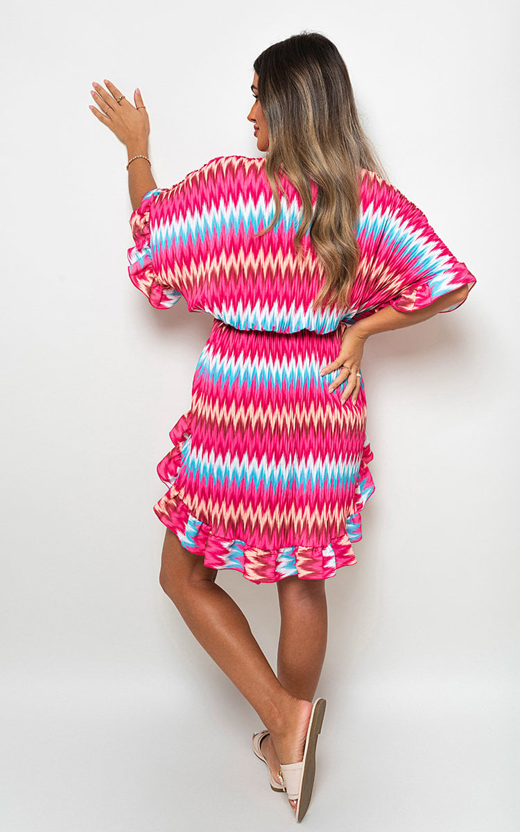 OPHELIA Zigzag Print Pleated Button Up Shirt Dress