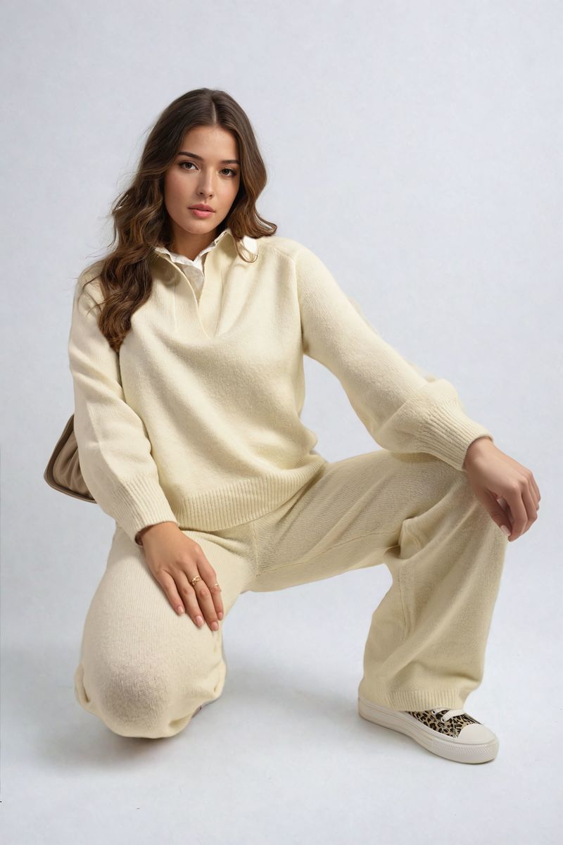 PATRICIA Long Sleeve Knitted Collar Top and Wide Leg Pants Co-ord Set