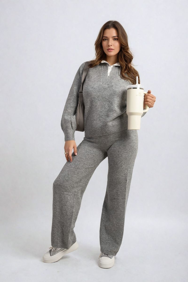 PATRICIA Long Sleeve Knitted Collar Top and Wide Leg Pants Co-ord Set