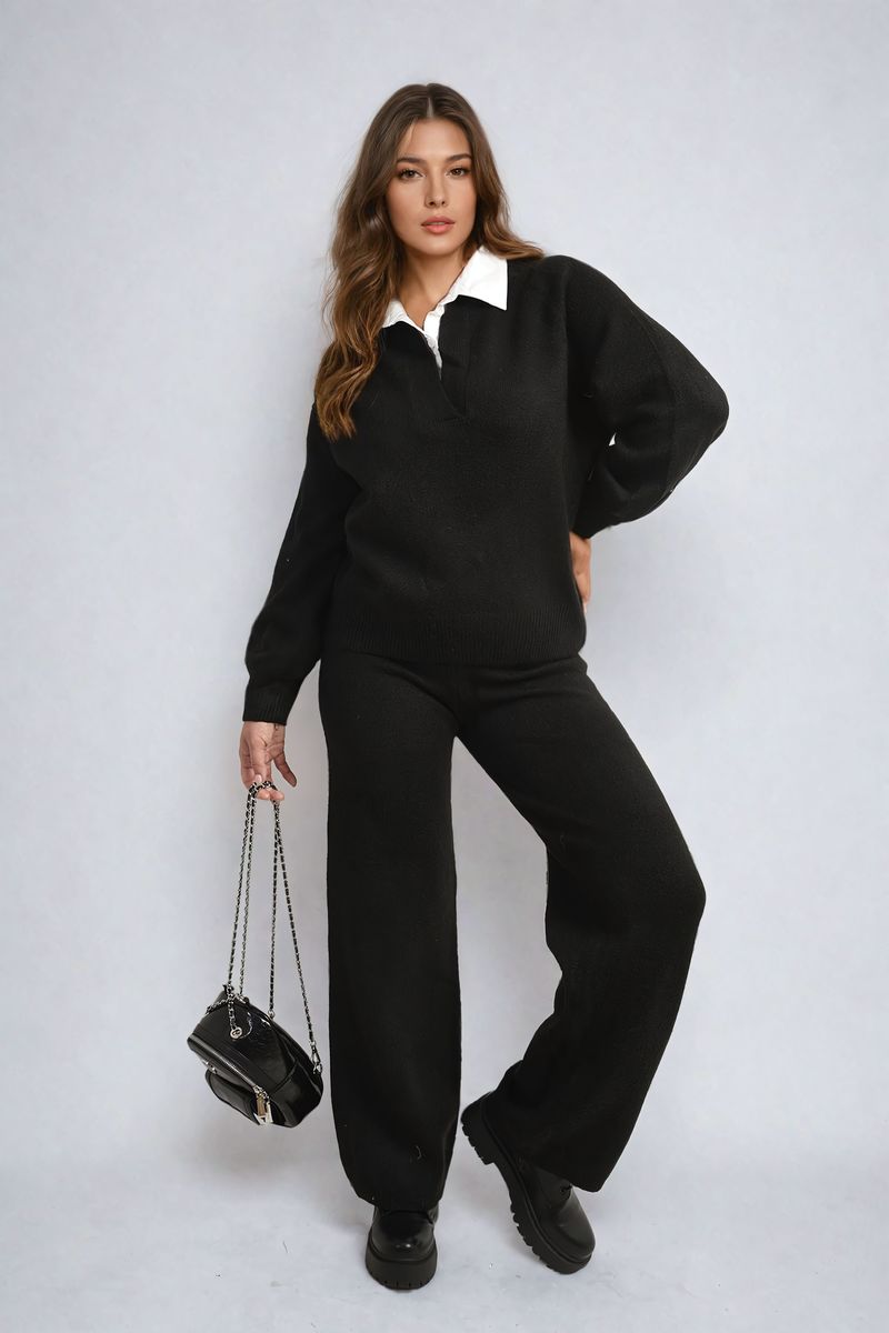 PATRICIA Long Sleeve Knitted Collar Top and Wide Leg Pants Co-ord Set