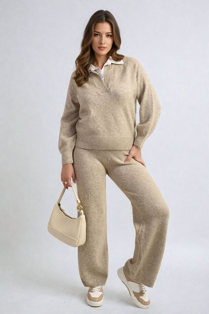 PATRICIA Long Sleeve Knitted Collar Top and Wide Leg Pants Co-ord Set