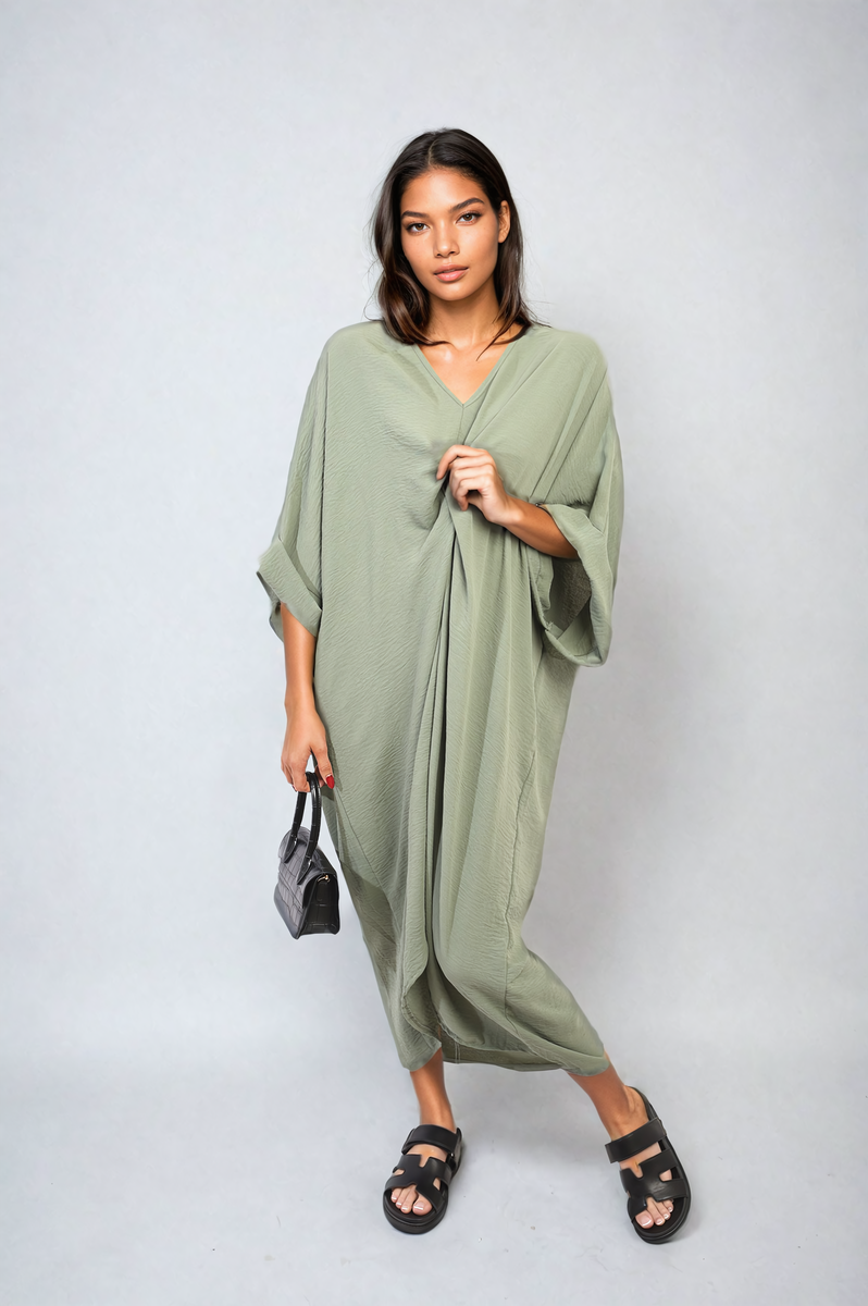 PRISCILLA Twist Front Plunge Neckline Relaxed Fit Midi Dress