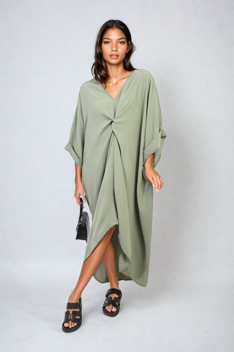 PRISCILLA Twist Front Plunge Neckline Relaxed Fit Midi Dress