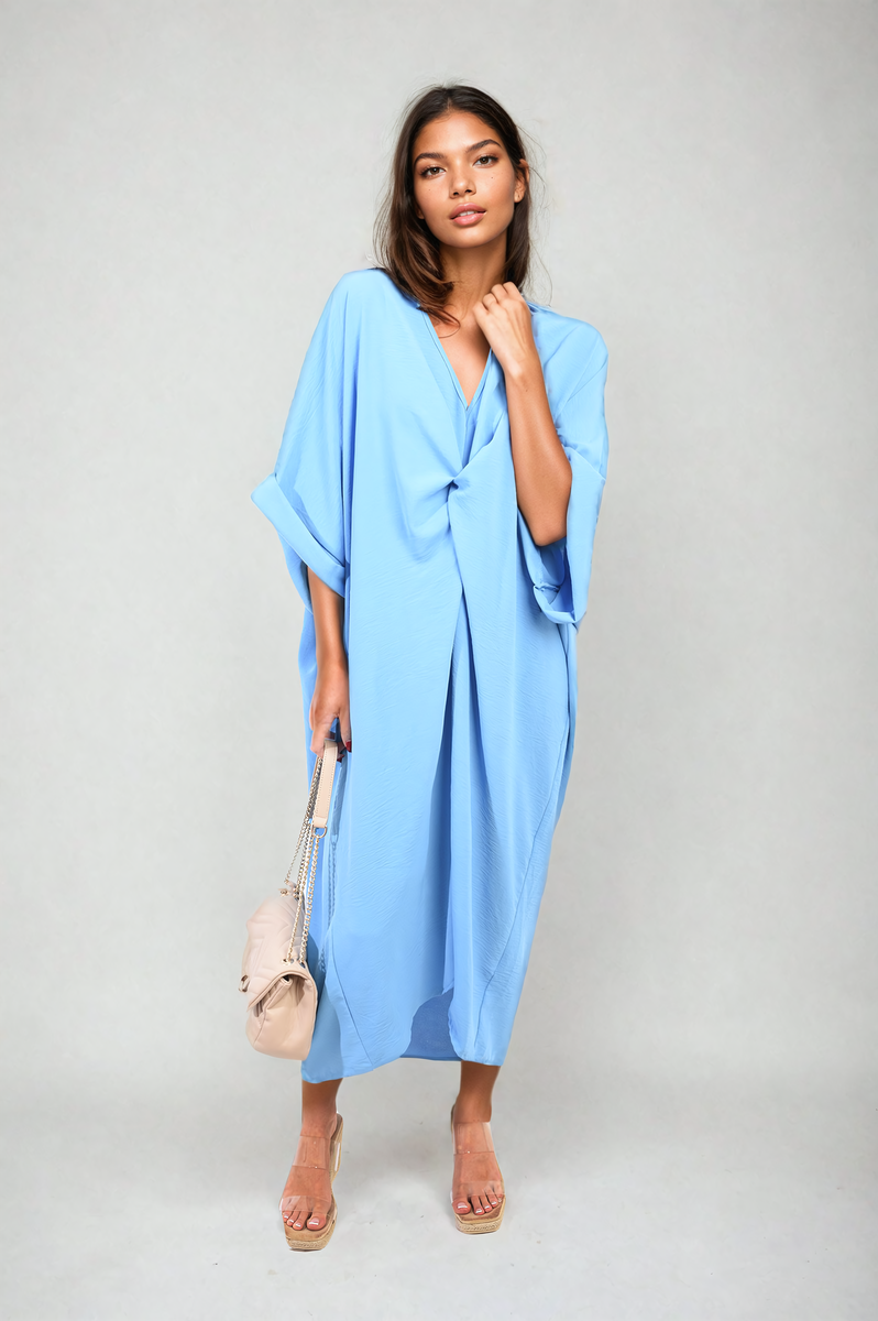 PRISCILLA Twist Front Plunge Neckline Relaxed Fit Midi Dress