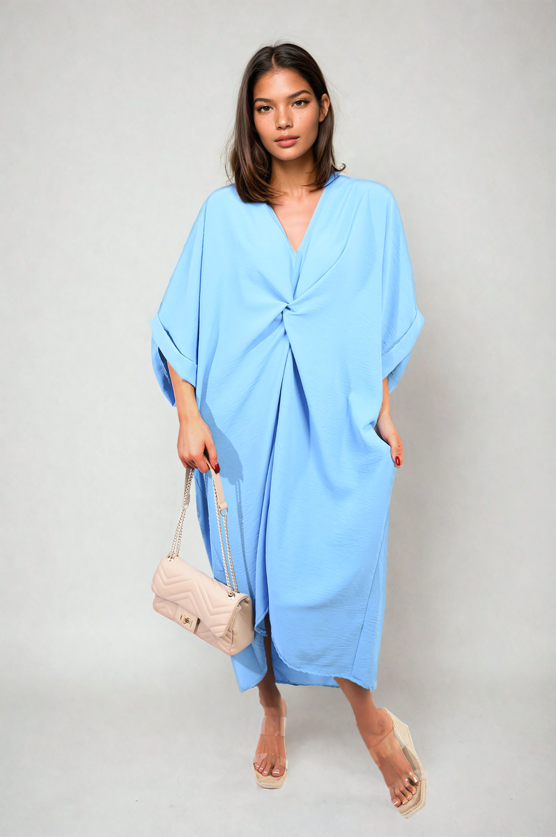 PRISCILLA Twist Front Plunge Neckline Relaxed Fit Midi Dress