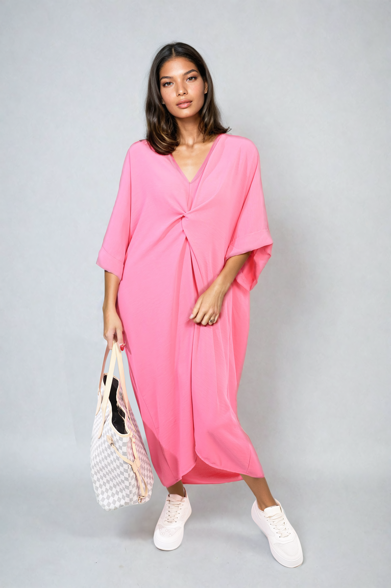 PRISCILLA Twist Front Plunge Neckline Relaxed Fit Midi Dress