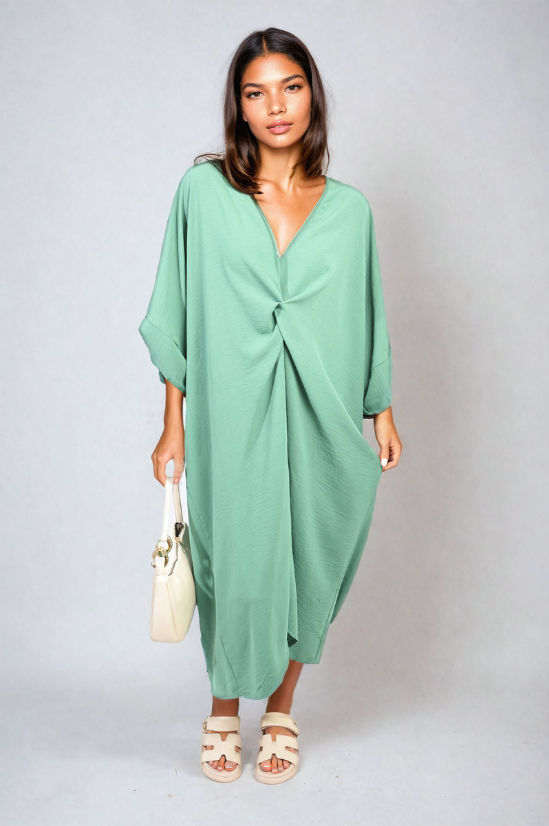 PRISCILLA Twist Front Plunge Neckline Relaxed Fit Midi Dress