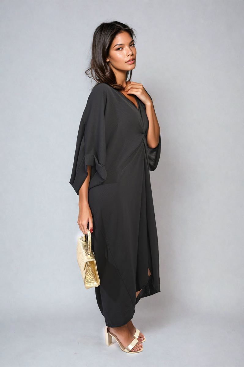 PRISCILLA Twist Front Plunge Neckline Relaxed Fit Midi Dress