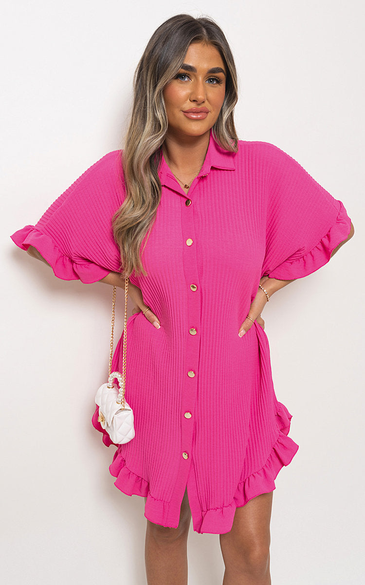 PRISHA Button Down Oversized Ruffle Short Sleeve Mini Dress