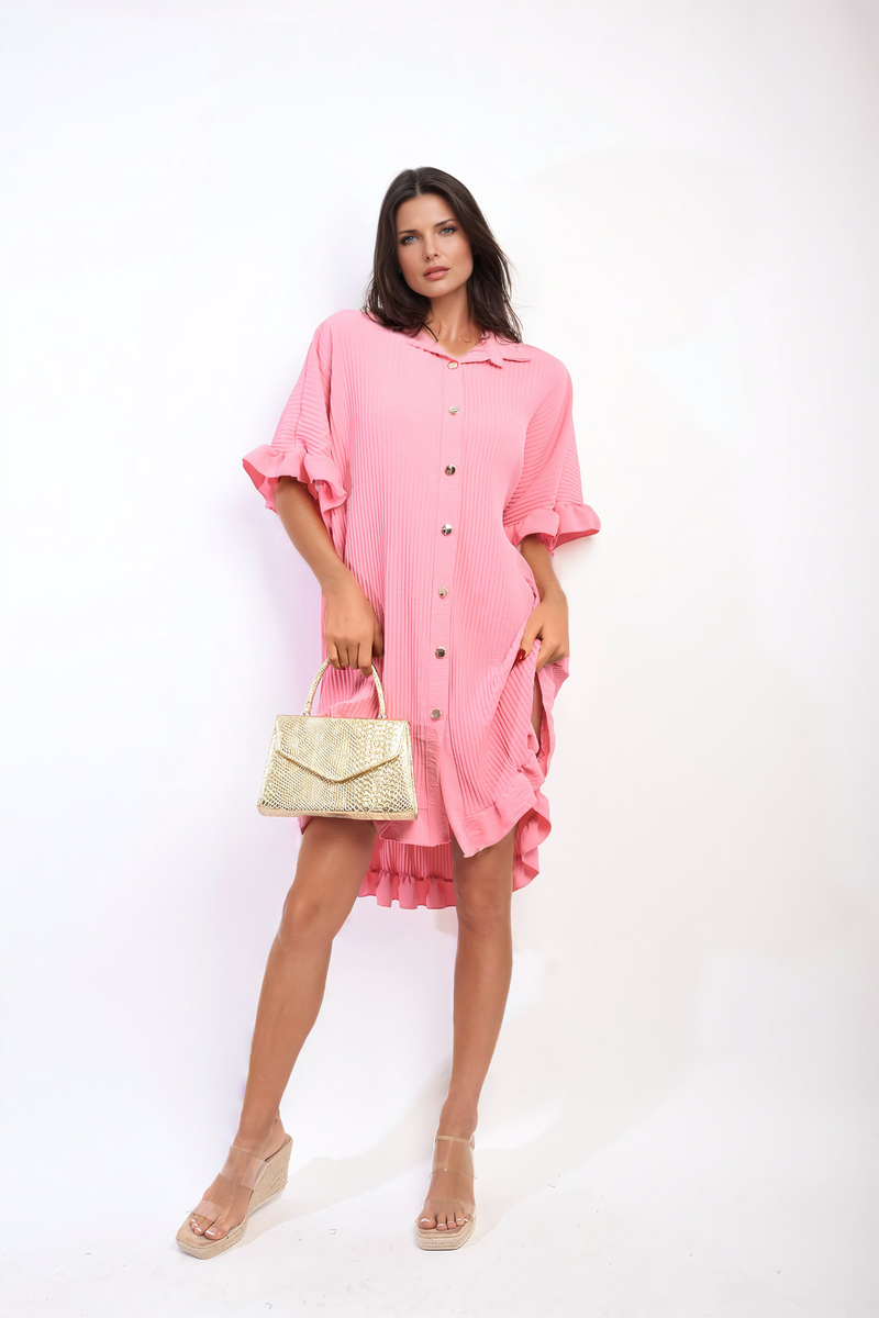 PRISHA Button Down Oversized Ruffle Short Sleeve Mini Dress