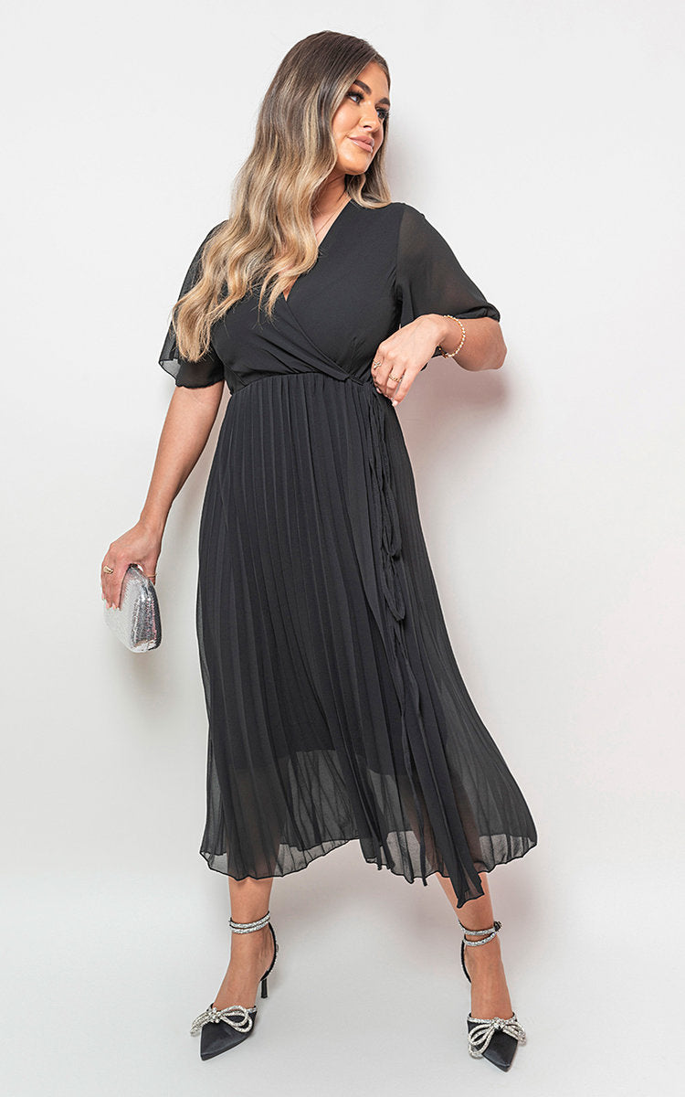 RACHEL Pleated Wrap Front  Maxi Dress