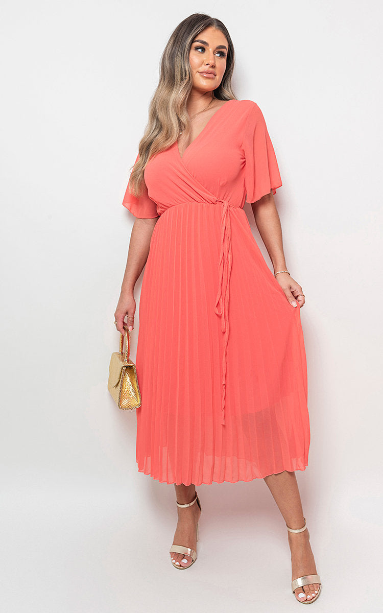 RACHEL Pleated Wrap Front  Maxi Dress