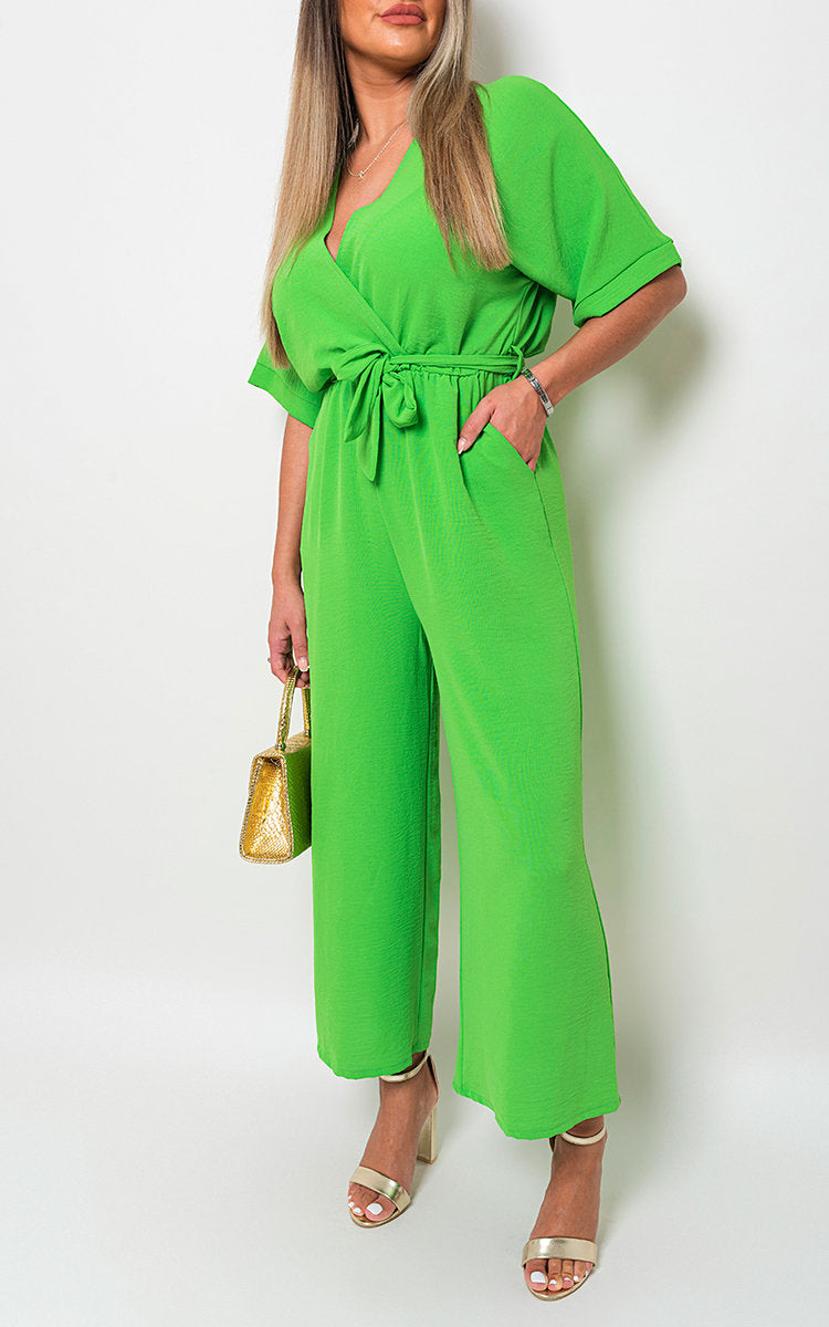 RAINE V Neck Tie Waist Short Sleeve Jumpsuit