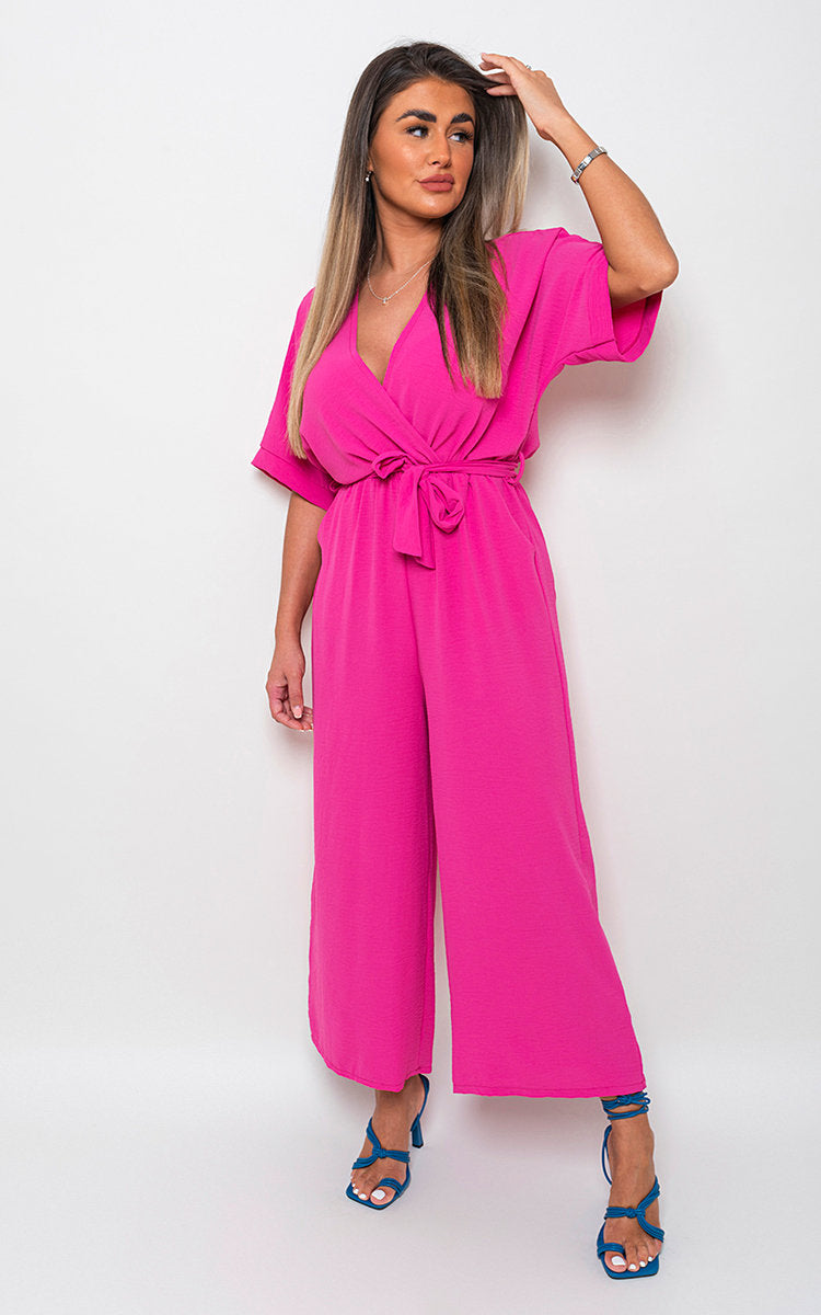 RAINE V Neck Tie Waist Short Sleeve Jumpsuit