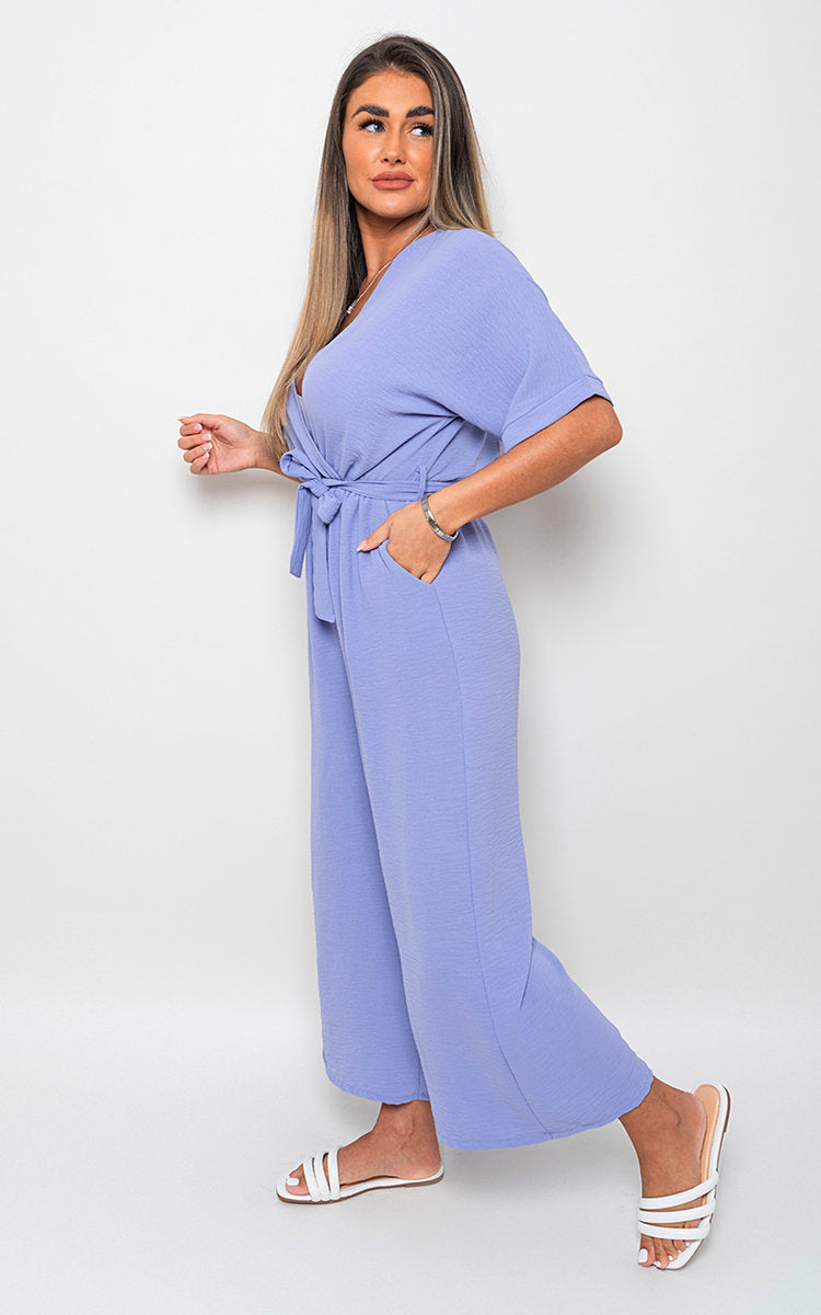 RAINE V Neck Tie Waist Short Sleeve Jumpsuit