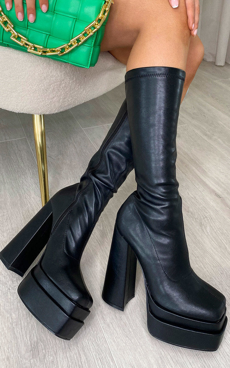 RAVEN Block High Heel Boots with Zip Detail