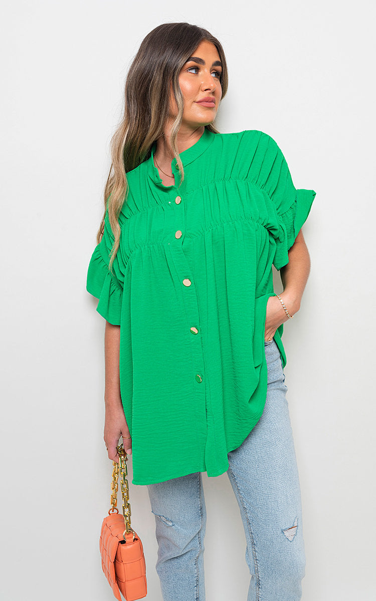 REBECCA Button Down Pleated Frill Tops