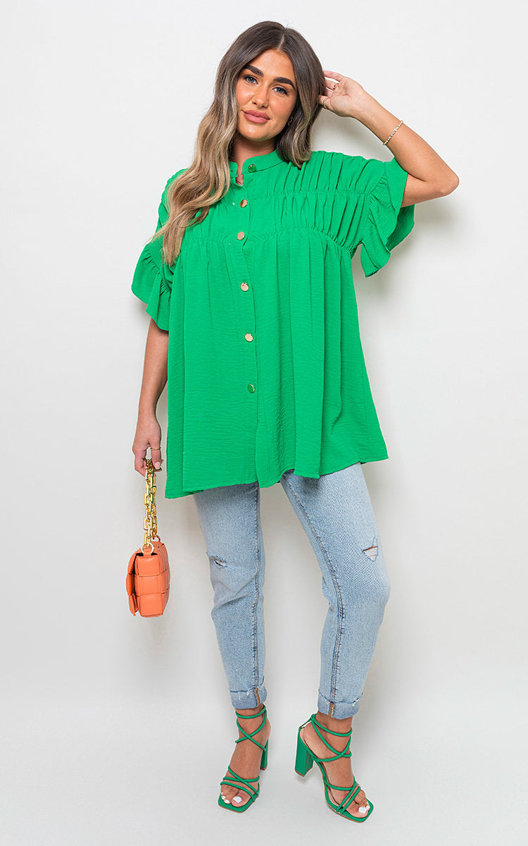 REBECCA Button Down Pleated Frill Tops