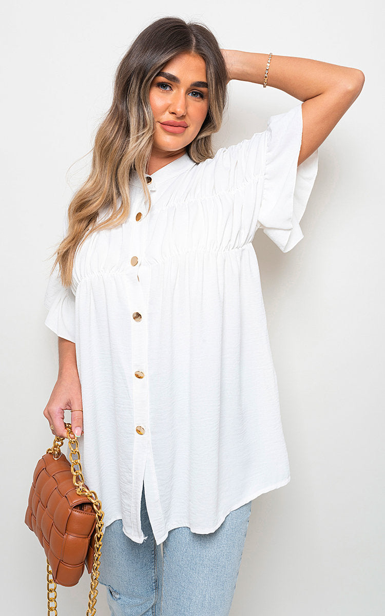 REBECCA Button Down Pleated Frill Tops