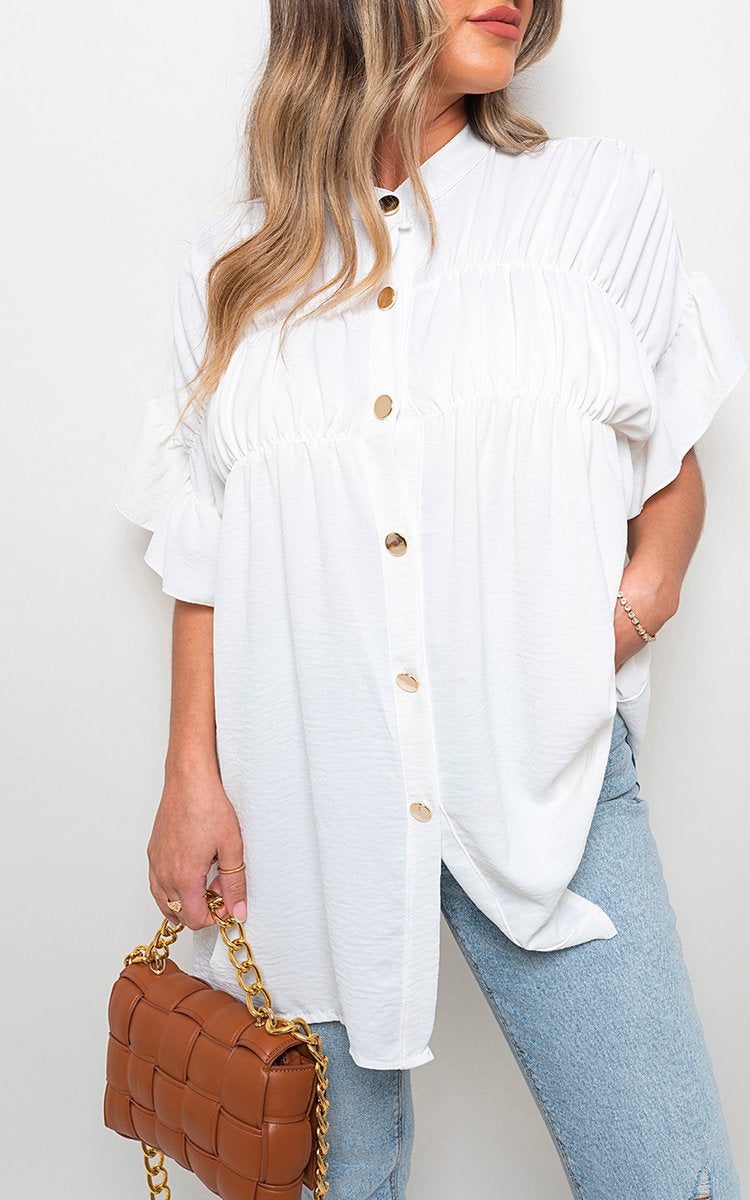 REBECCA Button Down Pleated Frill Tops