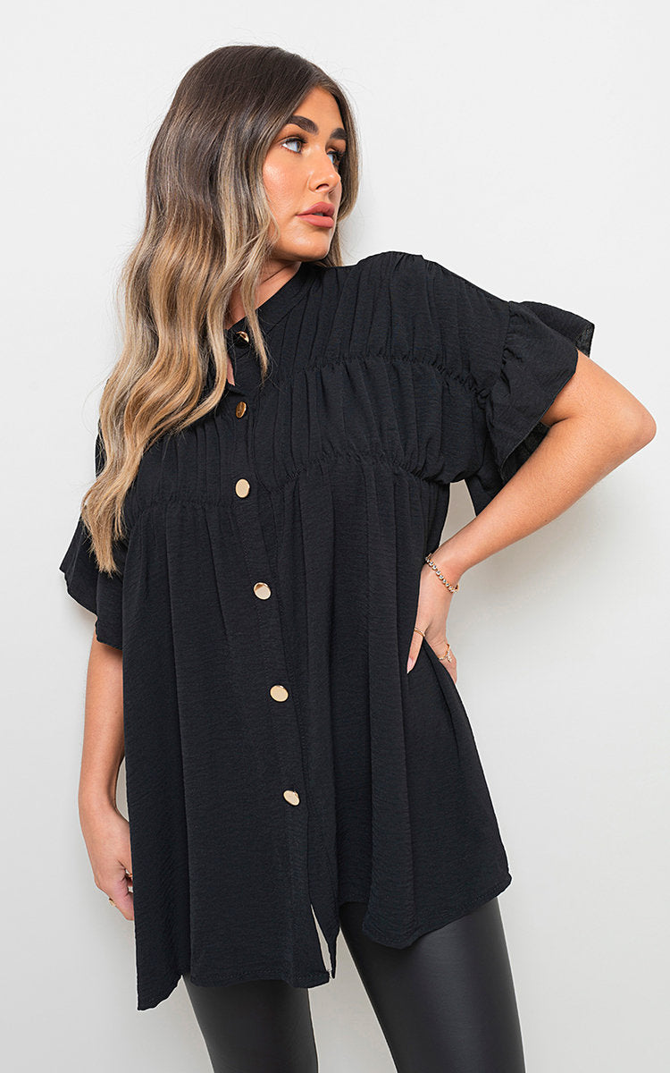 REBECCA Button Down Pleated Frill Tops