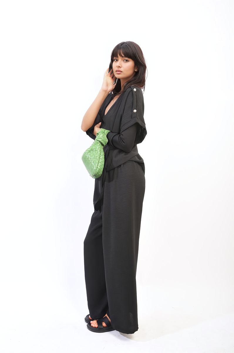 RILEY Button Detail V Neck Loose Top and Wide Leg Trouser Co-ord Set