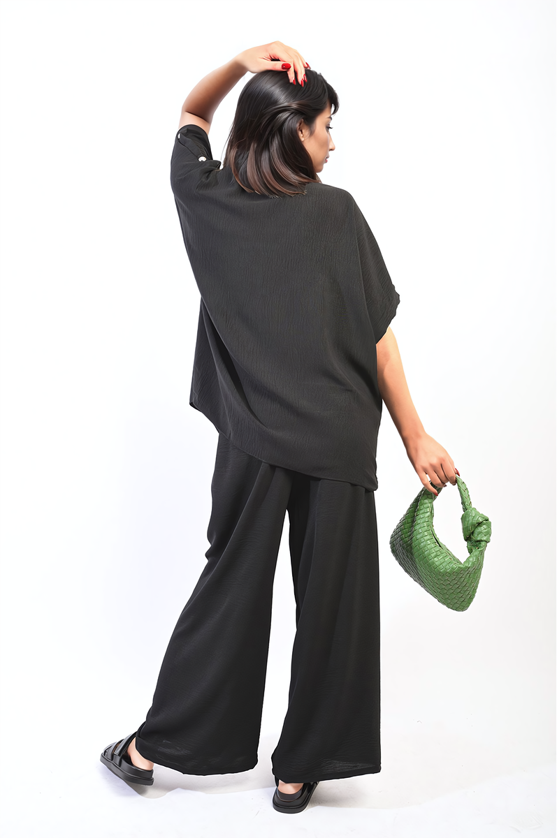 RILEY Button Detail V Neck Loose Top and Wide Leg Trouser Co-ord Set