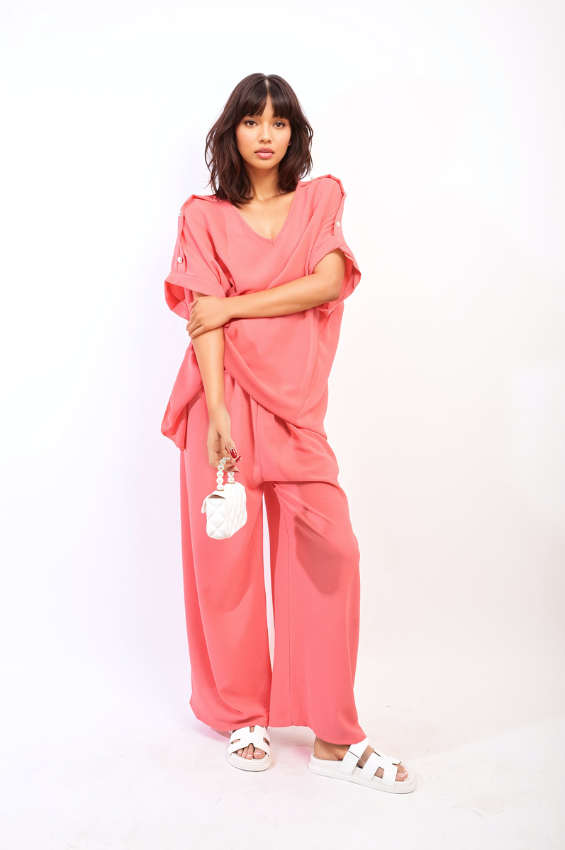 RILEY Button Detail V Neck Loose Top and Wide Leg Trouser Co-ord Set