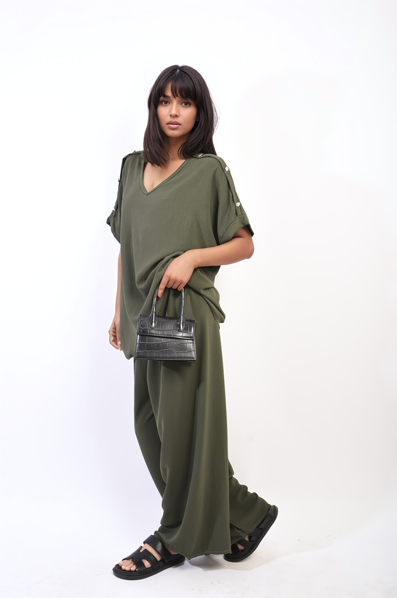 RILEY Button Detail V Neck Loose Top and Wide Leg Trouser Co-ord Set