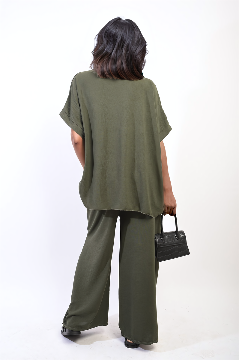 RILEY Button Detail V Neck Loose Top and Wide Leg Trouser Co-ord Set