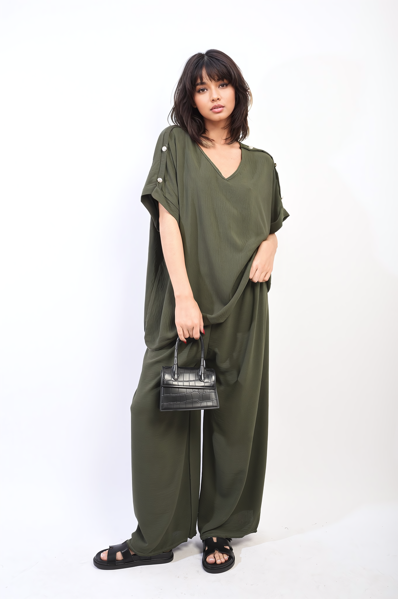 RILEY Button Detail V Neck Loose Top and Wide Leg Trouser Co-ord Set