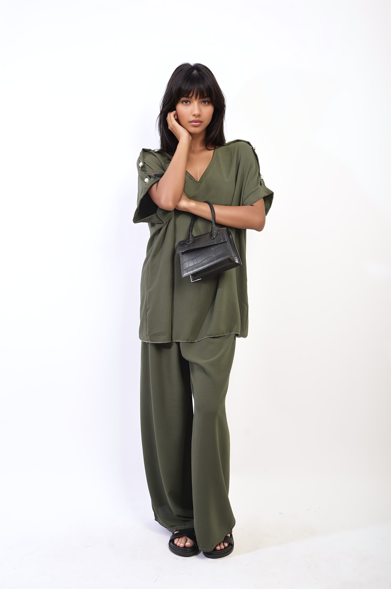 RILEY Button Detail V Neck Loose Top and Wide Leg Trouser Co-ord Set