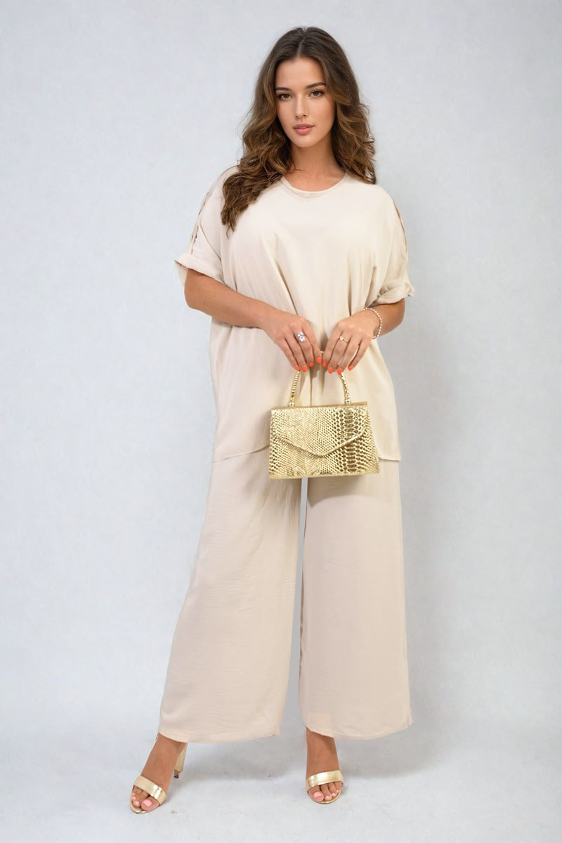 RILEY Button Detail V Neck Loose Top and Wide Leg Trouser Co-ord Set