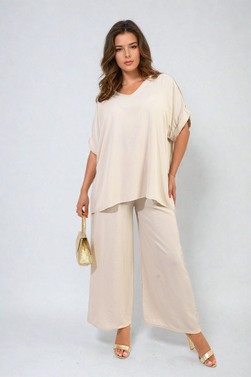 RILEY Button Detail V Neck Loose Top and Wide Leg Trouser Co-ord Set