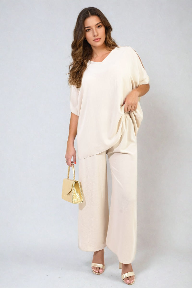 RILEY Button Detail V Neck Loose Top and Wide Leg Trouser Co-ord Set